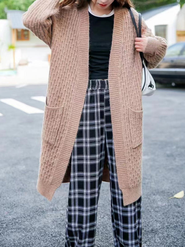 Pockets Solid Color Long Sleeves Loose Collarless Cardigan Tops