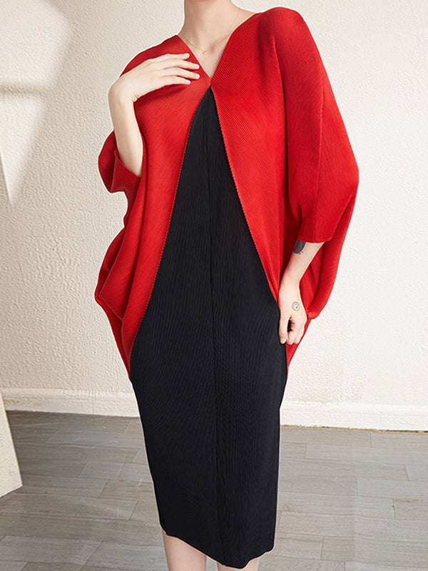 Urban Batwing Sleeves Contrast Color Pleated V-Neck Midi Dresses