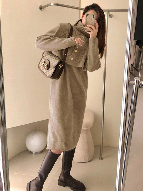 Original Stylish Buttoned Shawl High-Neck Long Sleeves Sweater Dress