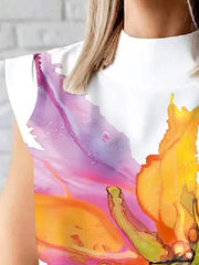 Floral Printed Split-Joint Loose Short Sleeves Round-Neck T-Shirts