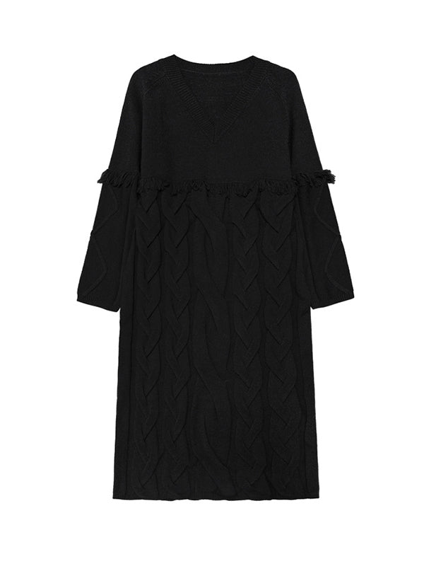 Solid Color Split-Joint Tasseled Long Sleeves Loose V-neck Sweater Dresses Midi Dresses