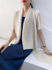 Pleated Solid Color Loose Short Sleeves Collarless Outerwear