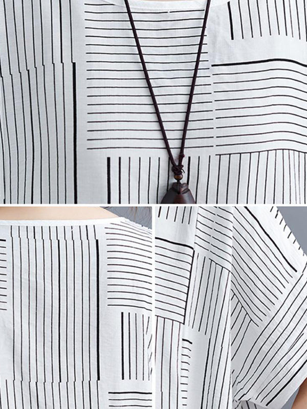 Plaid Striped Loose Short Sleeves Round-Neck T-Shirts Tops