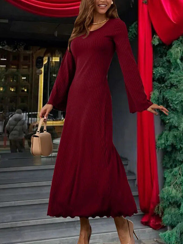 Pleated Ruffled Solid Color Split-Joint Long Sleeves Round-neck Maxi Dresses