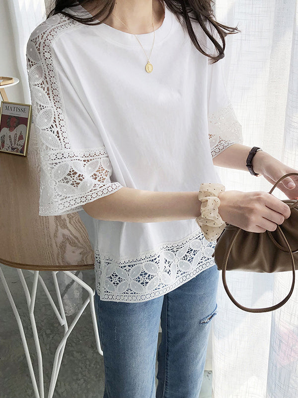 Hollow Solid Color Split-Joint Half Sleeves Loose Round-Neck T-Shirts