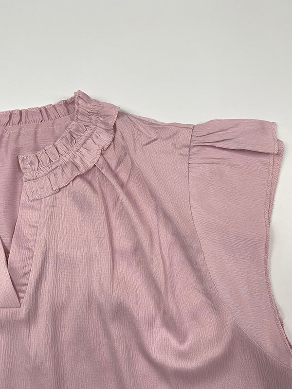 Pleated Solid Color Loose Ruffle Sleeves V-Neck T-Shirts Tops