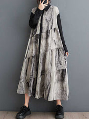 Buttoned Printed Split-Joint Wash Painting A-line Long Sleeves Lapel Shirt Dress Midi Dresses