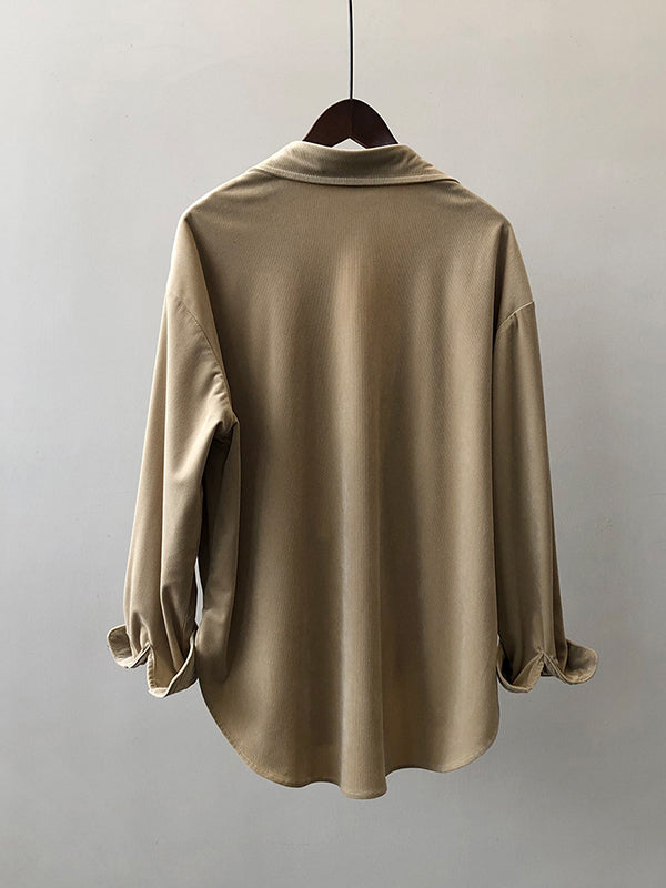 Casual Long Sleeves Loose Buttoned Solid Color Lapel Collar Blouses&Shirts Tops