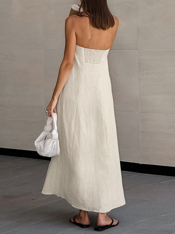 Elasticity Pockets Solid Color Zipper A-Line Loose Tube Maxi Dresses