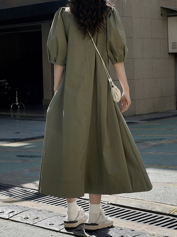 Solid Color Loose Puff Sleeves Round-Neck Midi Dresses
