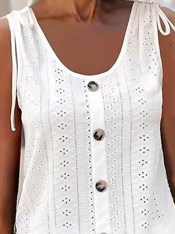 Buttoned Hollow Tied Loose Sleeveless Round-Neck Mini Dresses