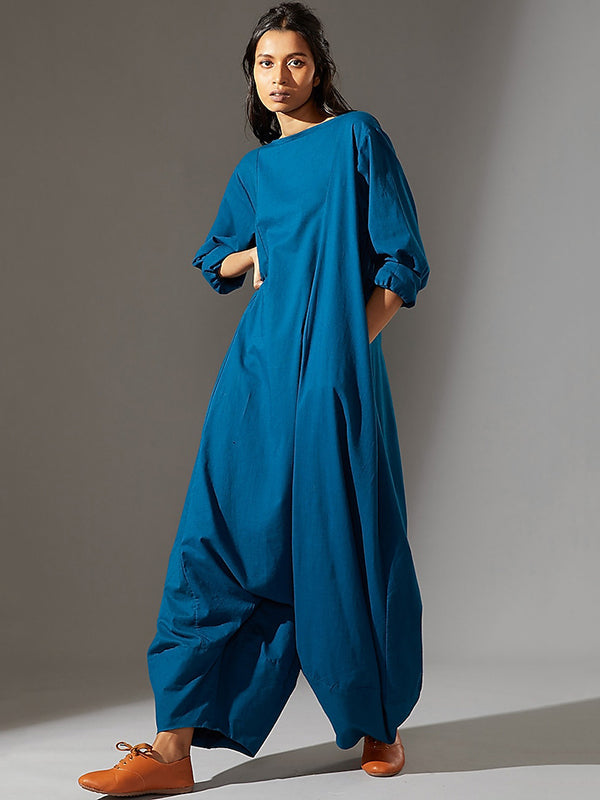 Casual Loose Long Sleeves Solid Color Boat Neck Jumpsuits