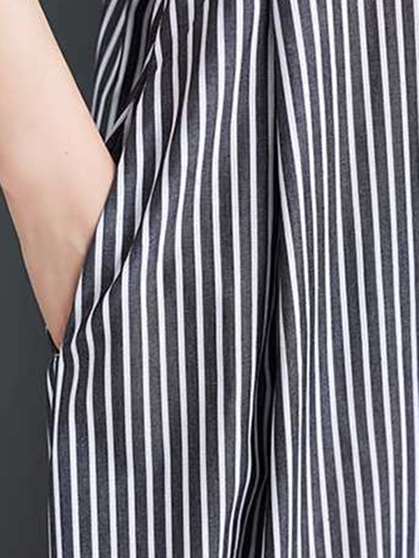 Buttoned Striped Cap Sleeve Loose Lapel Shirt Dress Maxi Dresses