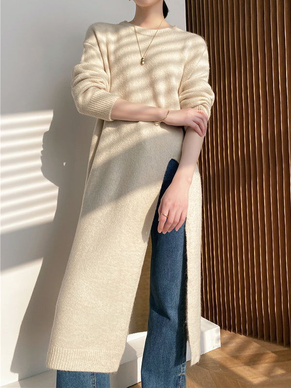 Loose Split-Side Solid Color Round-Neck Knitting Sweater Dresses