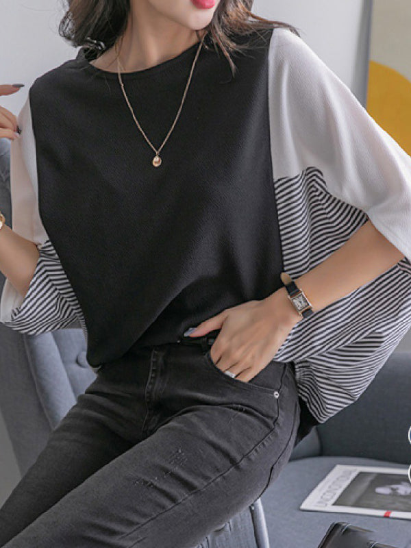 Contrast Color Split-Joint Batwing Sleeves Loose Round-Neck T-Shirts Tops