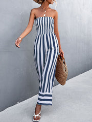 Contrast Color Elasticity Striped Loose Sleeveless Tube Jumpsuits