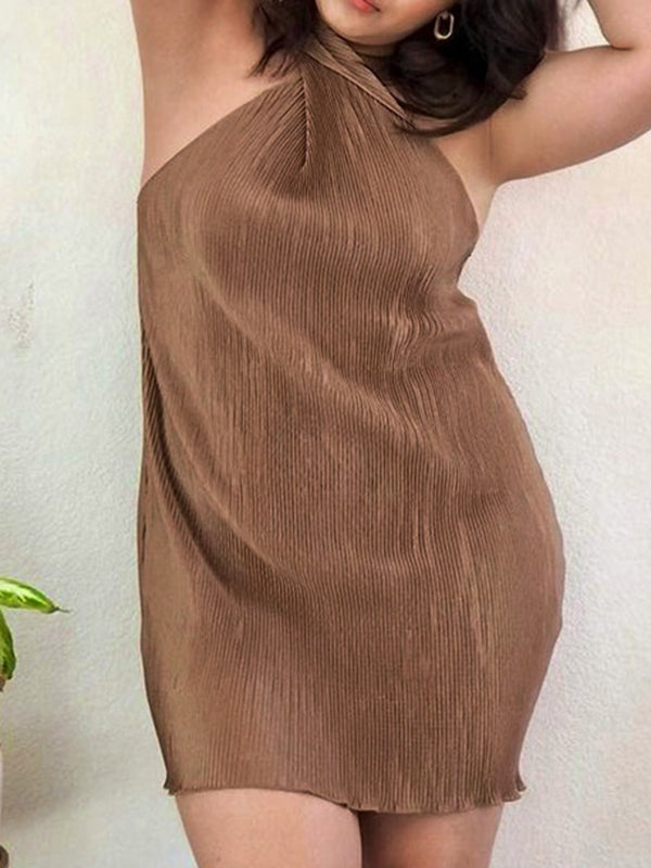 Pleated Solid Color Split-Side Loose Sleeveless Round-Neck Mini Dresses