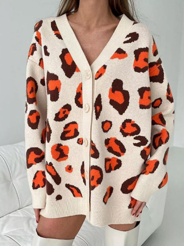 Buttoned Leopard Long Sleeves Loose V-Neck Cardigan Tops