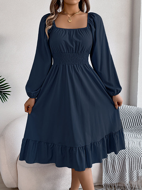Pleated Ruffled Solid Color A-Line Elasticated Waist Square-Neck Midi Dresses