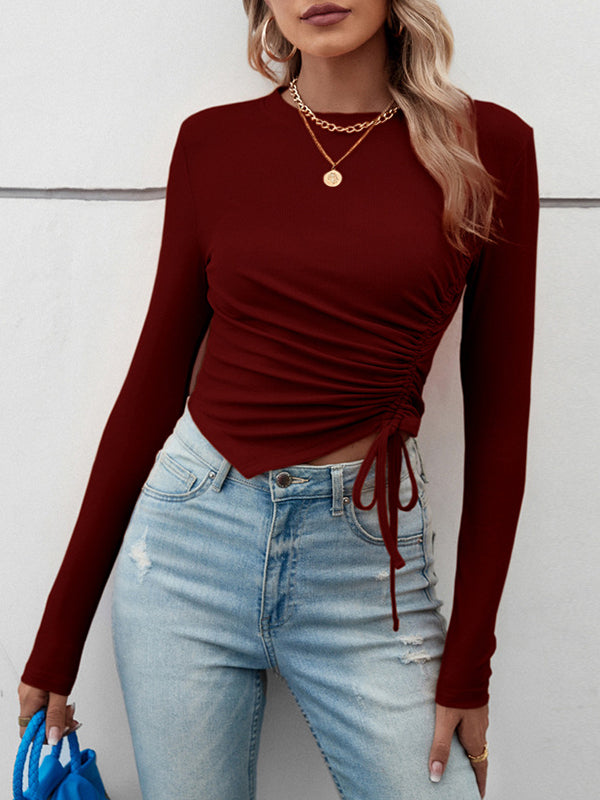 Asymmetric Drawstring Solid Color Long Sleeves Skinny Round-Neck T-Shirts Tops