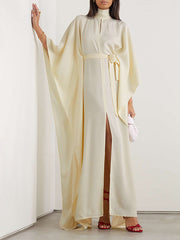 Batwing Sleeves Backless Belted Hollow Split-Front High-Neck Evening Dresses