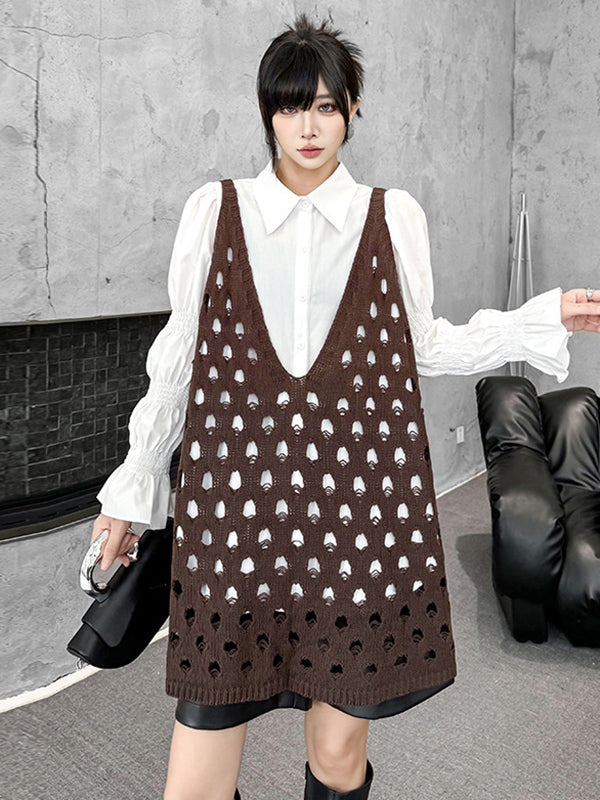 Hollow Solid Color Loose Sleeveless V-Neck Vest Top
