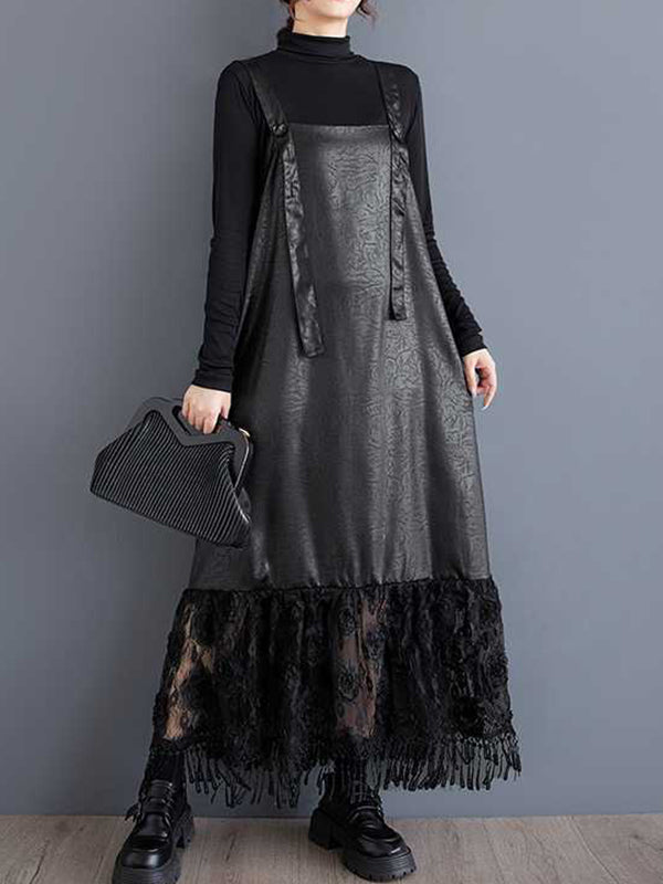 Jacquard Solid Color Split-Joint A-Line Loose Spaghetti-Neck Suspender Dress