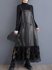 Jacquard Solid Color Split-Joint A-Line Loose Spaghetti-Neck Suspender Dress