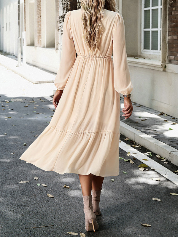 Pleated Solid Color Split-Joint A-Line High Waisted V-Neck Midi Dresses