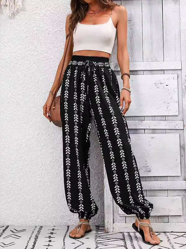 Drawstring Elasticity Pleated Printed High Waisted Loose Trousers Pants Knickerbockers