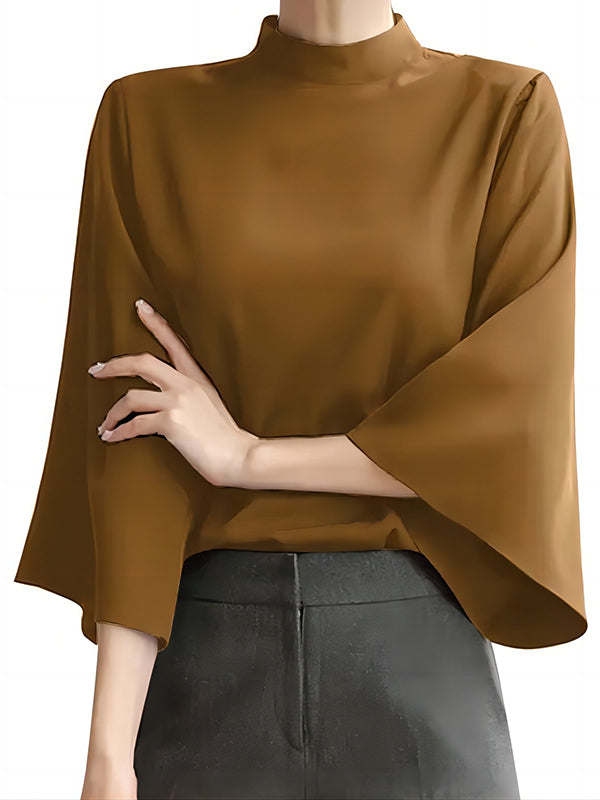 Solid Color Flared Sleeves Loose Stand Collar T-Shirts Tops