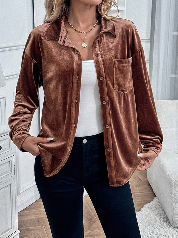 Buttoned Pockets Solid Color Split-Joint Velvet Long Sleeves Loose Lapel Blouses&Shirts Tops
