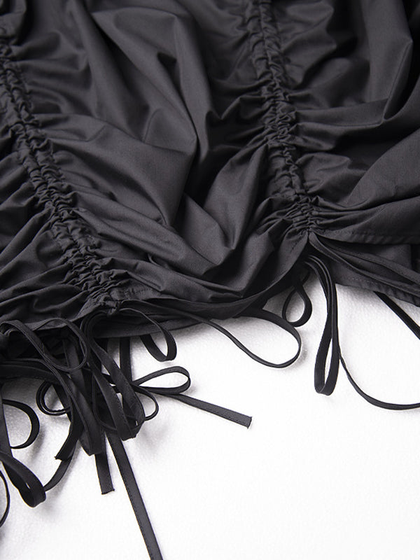 Asymmetric Drawstring Pleated Solid Color A-Line Elasticated Waist Skirts Bottoms