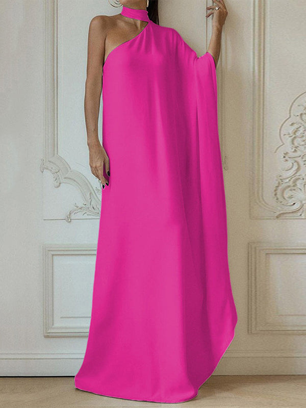 Asymmetric Solid Color Batwing Sleeves Loose Halter-Neck Maxi Dresses