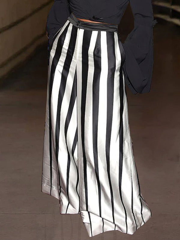 Buttoned Contrast Color Pockets Striped Loose Wide Leg Trousers Pants