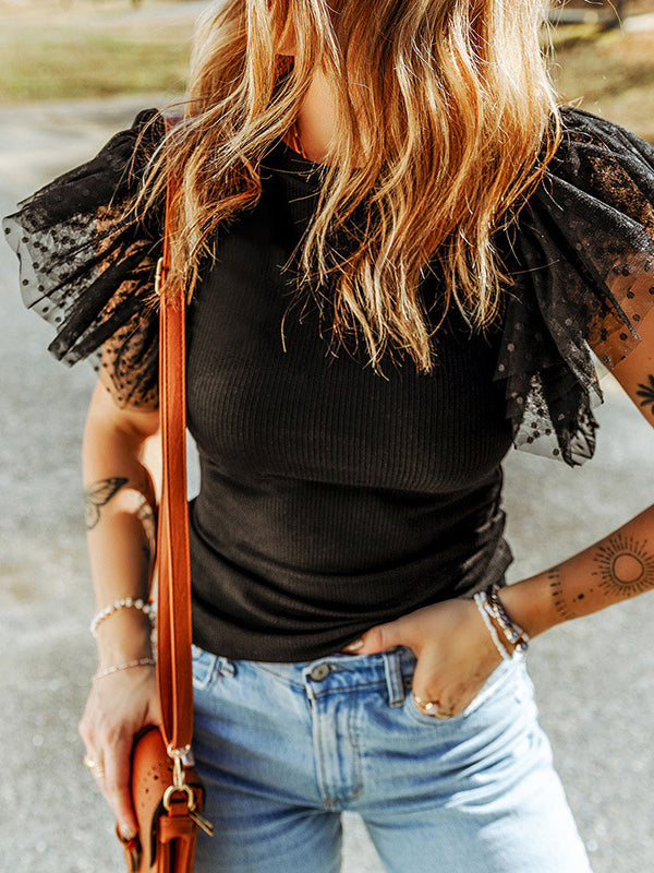 Split-Joint Ruffle Sleeves Skinny Round-Neck T-Shirts Tops