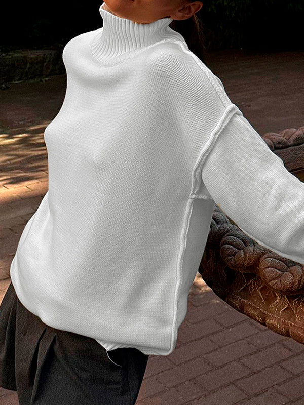 Solid Color Split-Joint Long Sleeves Loose High Neck Sweater Tops Pullovers