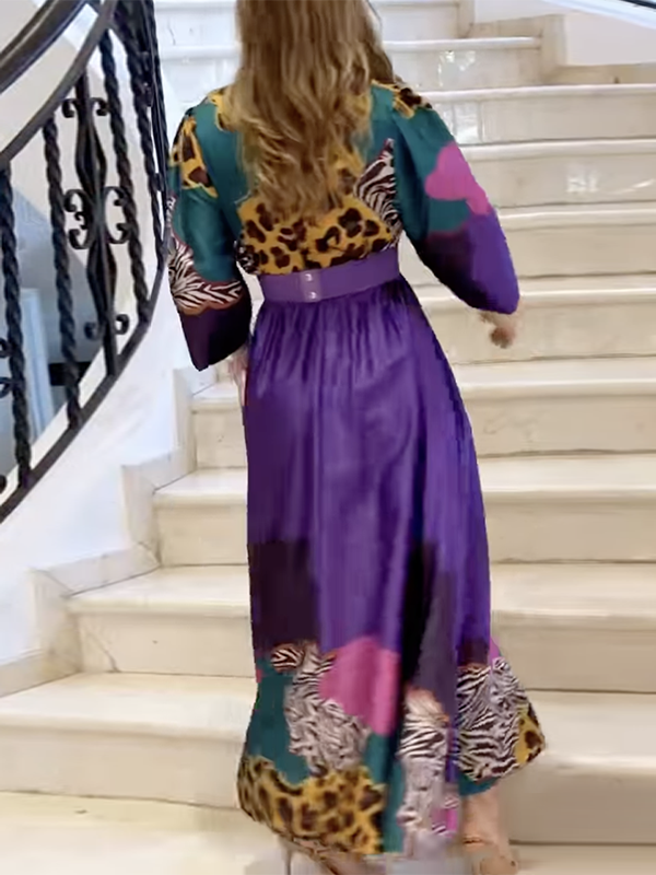 Leopard Long Sleeves Loose V-neck Maxi Dresses