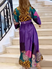Leopard Long Sleeves Loose V-neck Maxi Dresses
