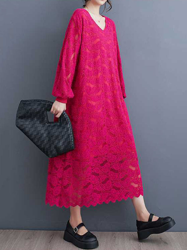 Jacquard Bishop Sleeve Long Sleeves V-Neck Midi Dresses