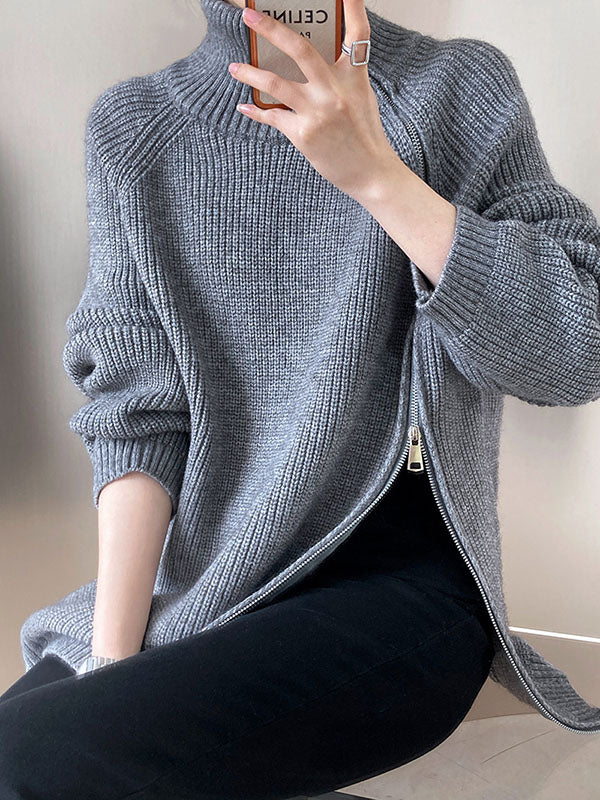 Urban Loose Long Sleeves Split-Side Solid Color Zipper Halter-Neck Sweater Tops