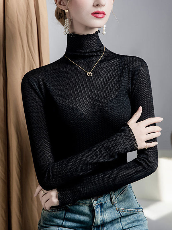 Mesh See-Through Slightly Sheer Split-Joint Long Sleeves Plus Size High Neck T-Shirts