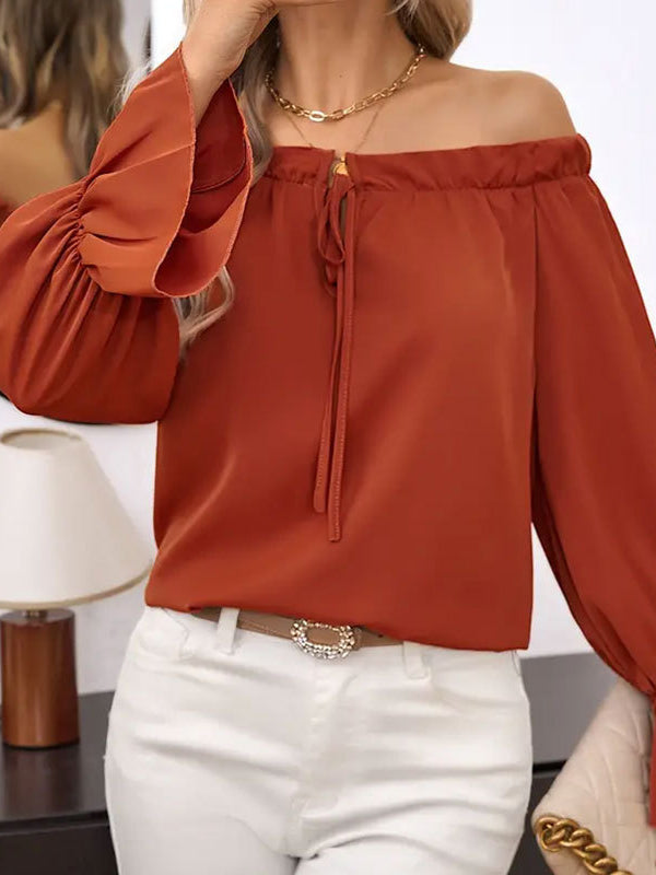 Drawstring Elasticity Pleated Solid Color Flared Sleeves Long Sleeves Off-the-shoulder Blouses&shirts Tops