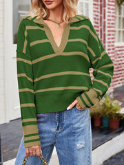 Contrast Color Split-Joint Striped Long Sleeves Loose V-Neck Sweater Tops Pullovers