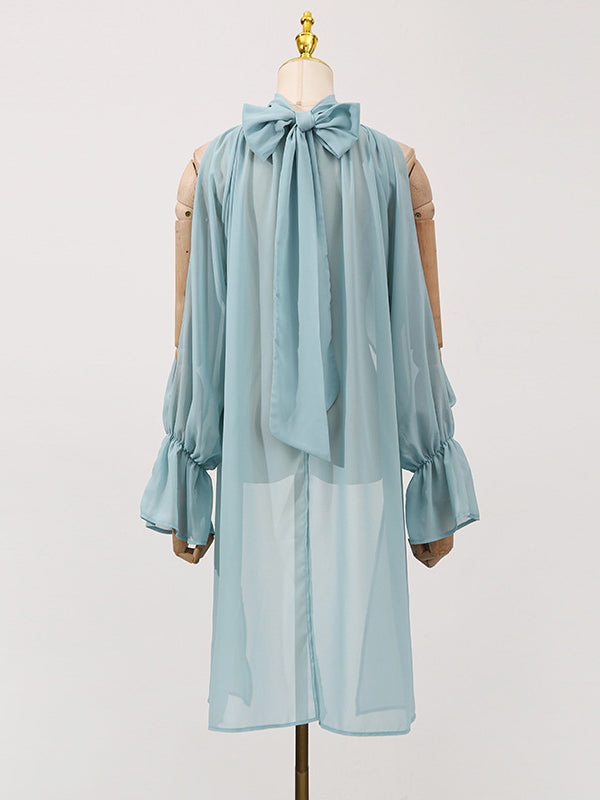 Elasticity Hollow Pleated Solid Color High-Low Long Sleeves Mock Neck Blouses&Shirts Tops
