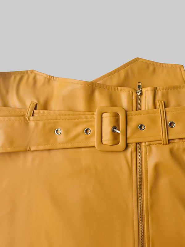 A-Line High Waisted Belted Pockets Solid Color Zipper Skirts Bottoms