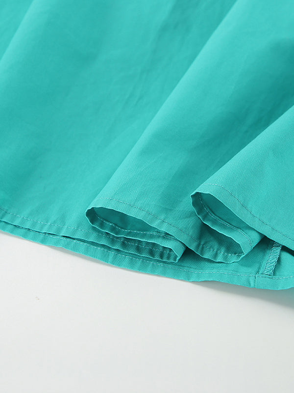 Drawstring Pleated Solid Color Split-Joint Tied Waist Loose Short Sleeves V-Neck Shirt Dress Midi Dresses