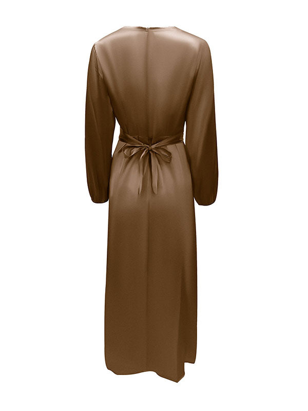 High-Waisted Solid Color Tied Waist Zipper Wrap Round-neck Maxi Dresses