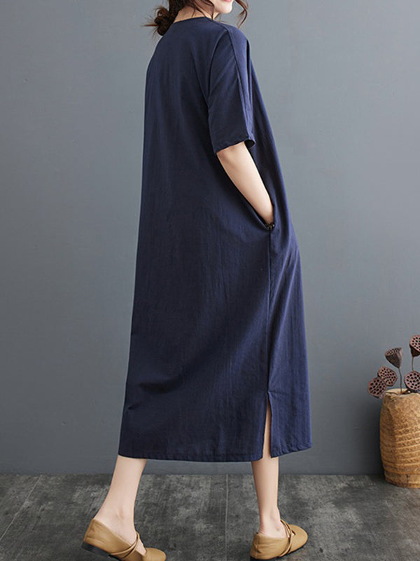 Chinese Frog Buttons Pockets Solid Color Split-Side A-Line Loose V-Neck Midi Dresses