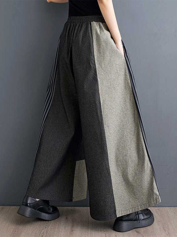 Elasticity Pockets Split-Joint Striped High Waisted Loose Trousers Pants